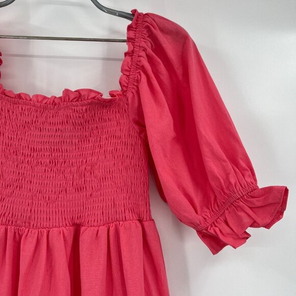 Pomander Place Tuckernuck Pink Hannah Dress sz Small Smocked Midi Puff Sleeve - Picture 3 of 9